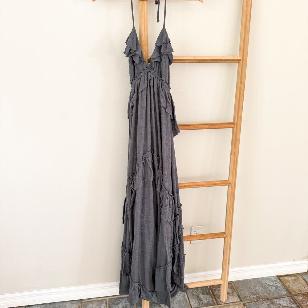 Free People Beach Santa Luz Ruffle Maxi Dress Gray Boho Open Back XS - Picture 3 of 11
